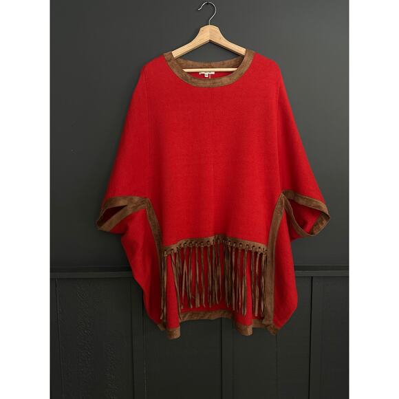 Tyler Boe Sweaters - Tyler Boe Red Brown Cotton Cashmere Knit Fringe Poncho Sweater Cap Size Small XS